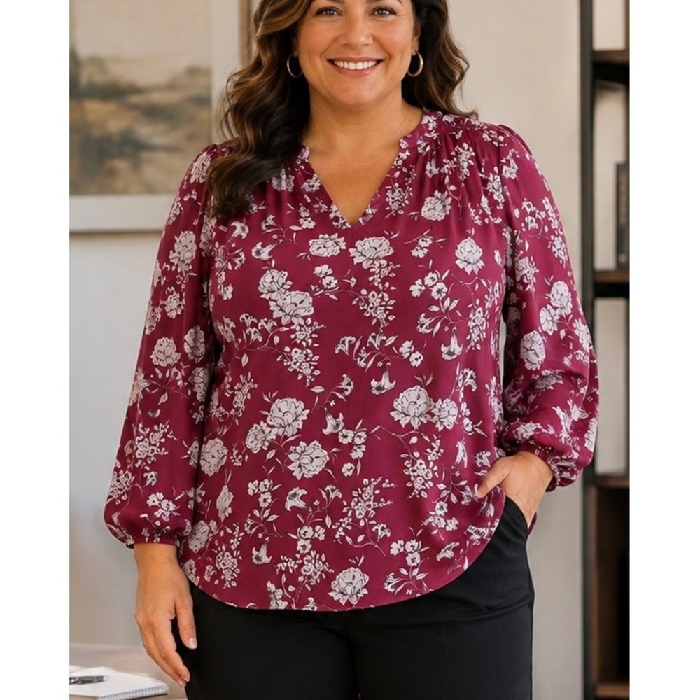 Monday Fun Burgundy Floral V-Neck Balloon Sleeve Blouse 2X Boho Top Office Work